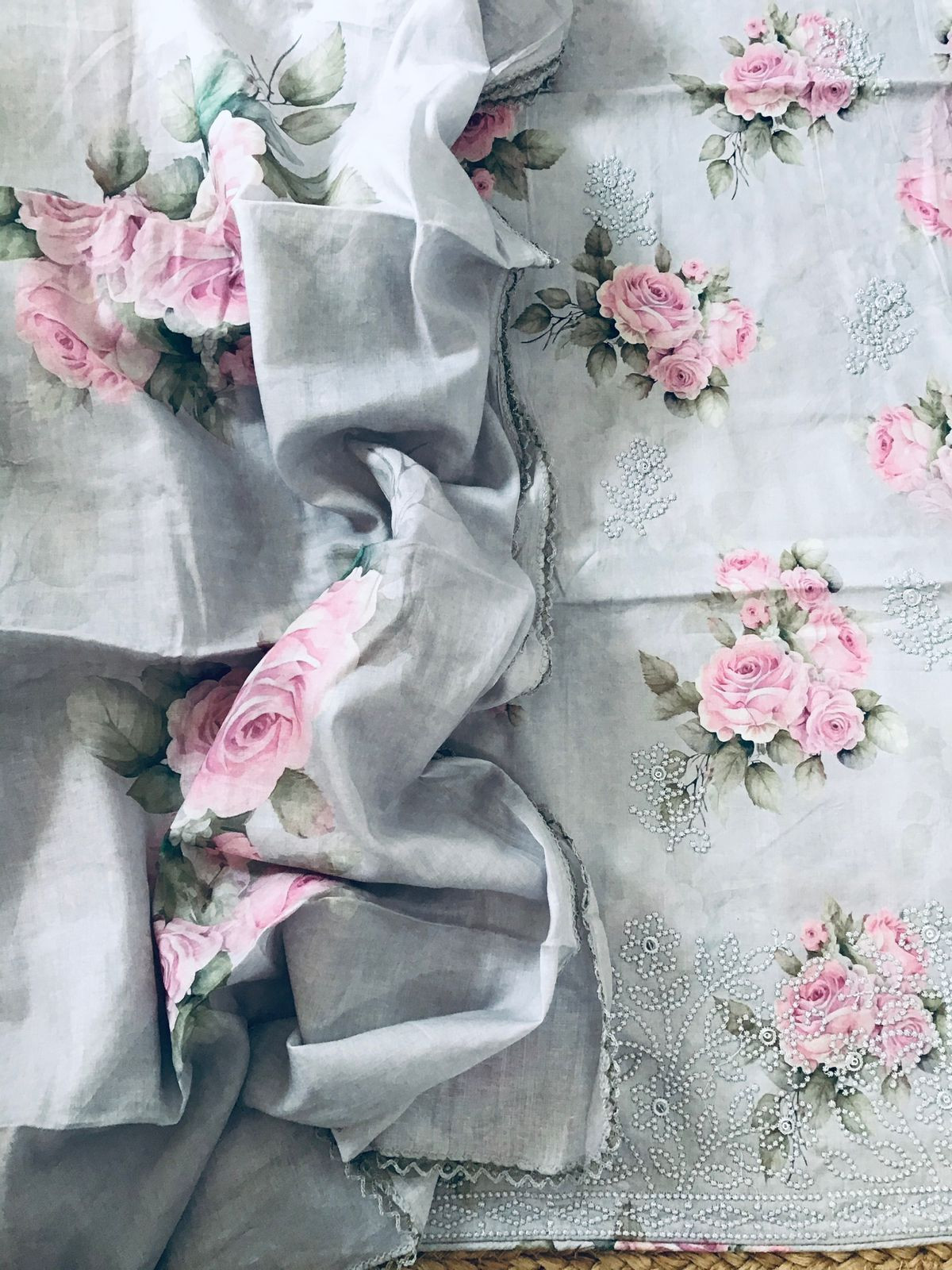 Pure Cotton Printed Embroidered Suit - Grey