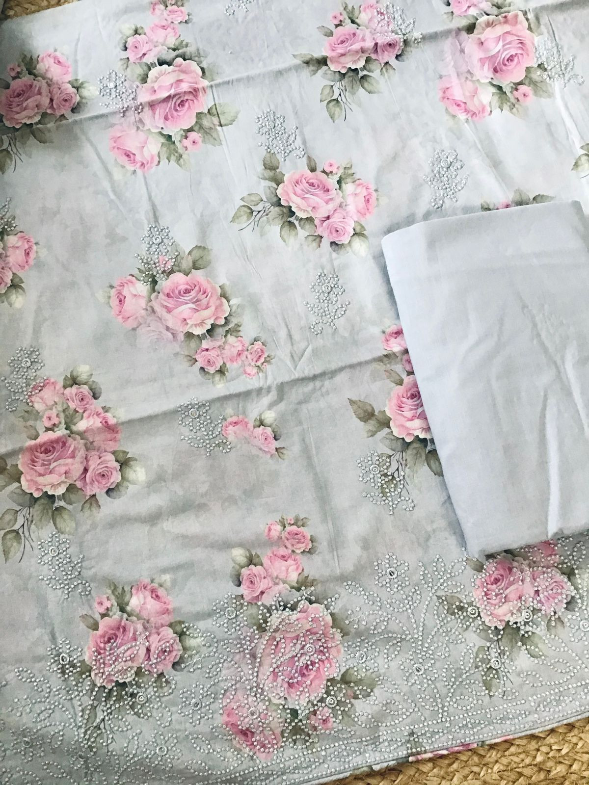 Pure Cotton Printed Embroidered Suit - Grey