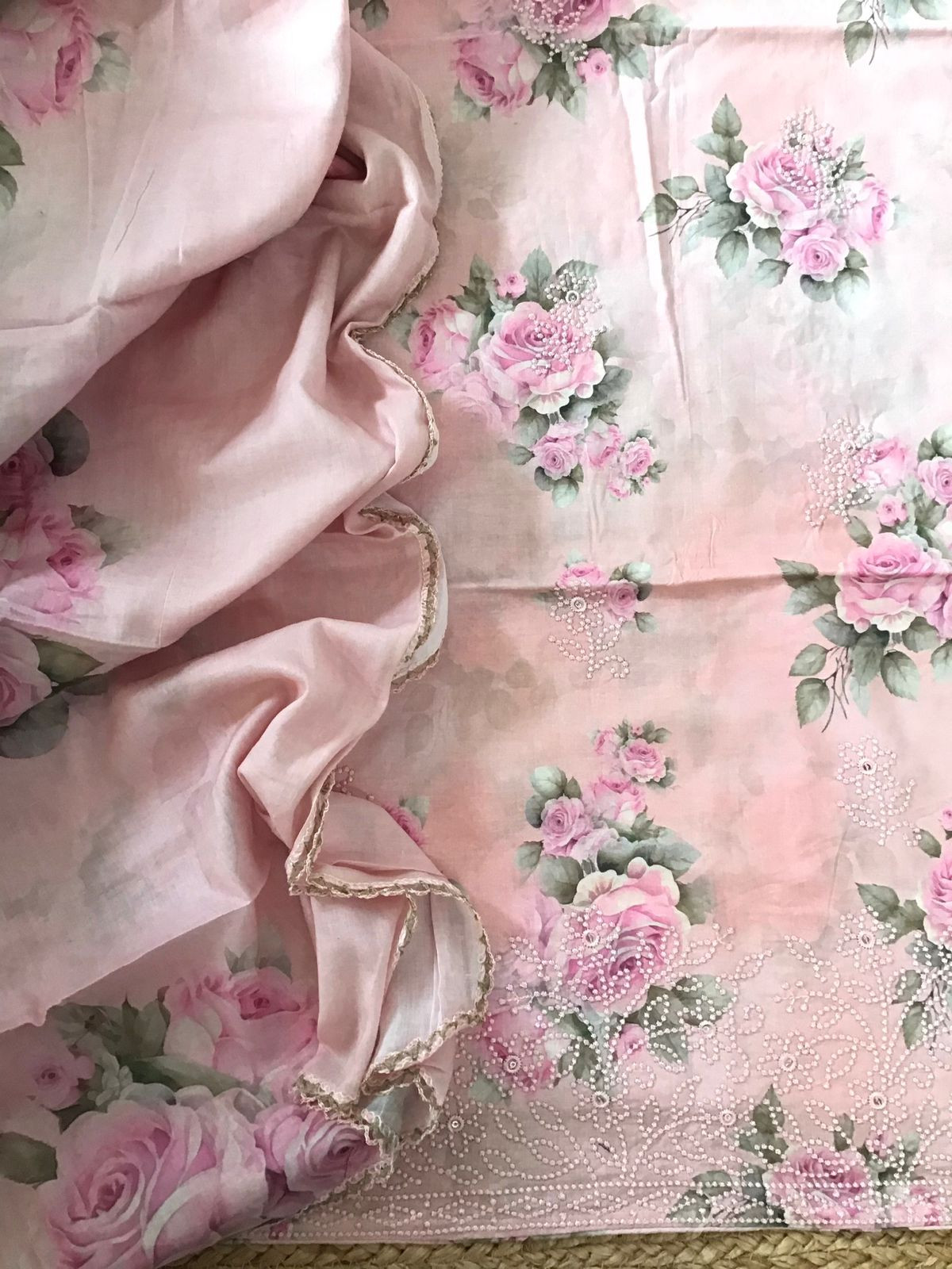 Pure Cotton Printed Embroidered Suit - Peach