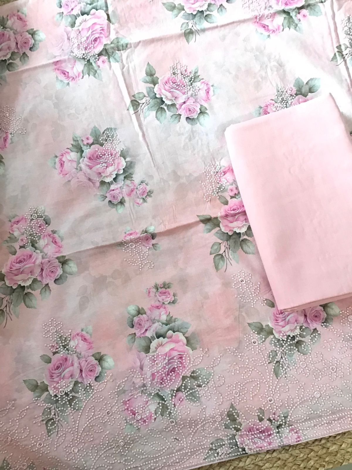 Pure Cotton Printed Embroidered Suit - Peach