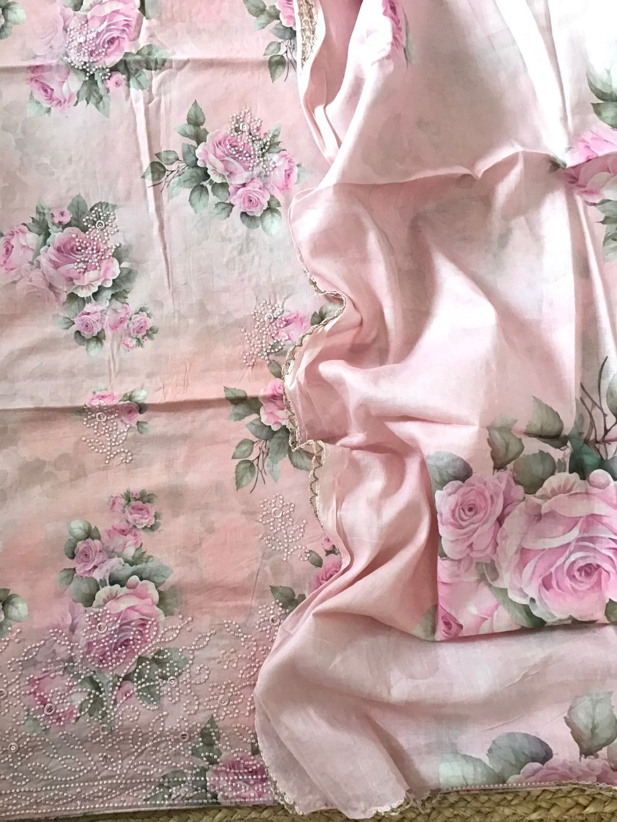 Pure Cotton Printed Embroidered Suit - Peach