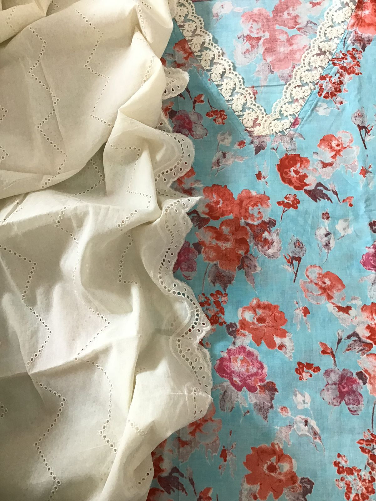 Pure Cotton Printed Embroidered Suit - Blue