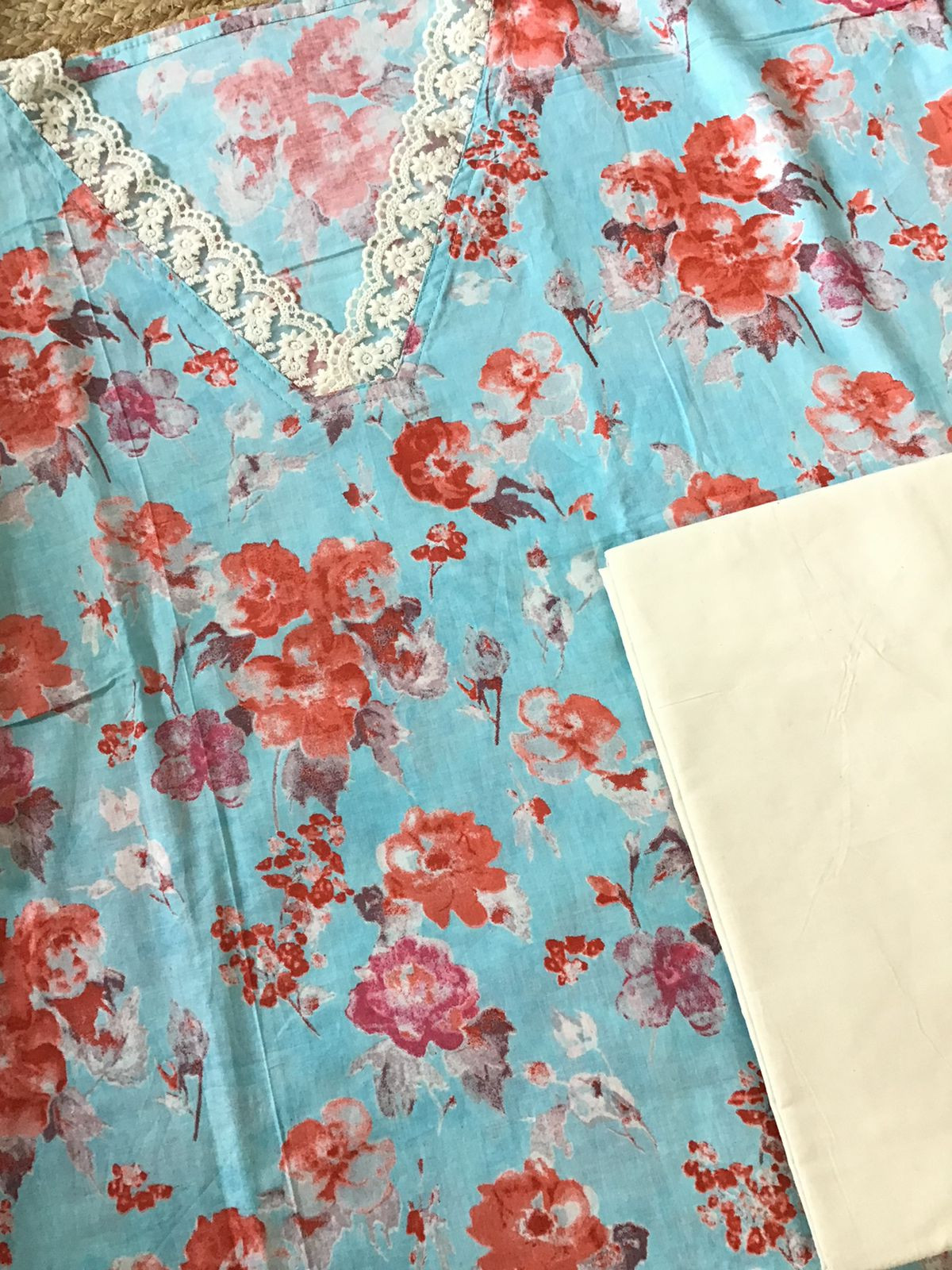 Pure Cotton Printed Embroidered Suit - Blue