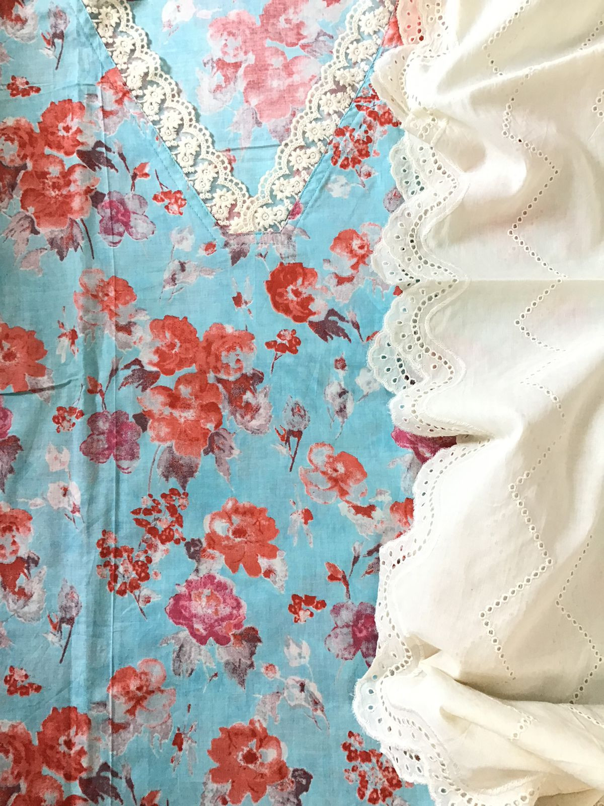 Pure Cotton Printed Embroidered Suit - Blue