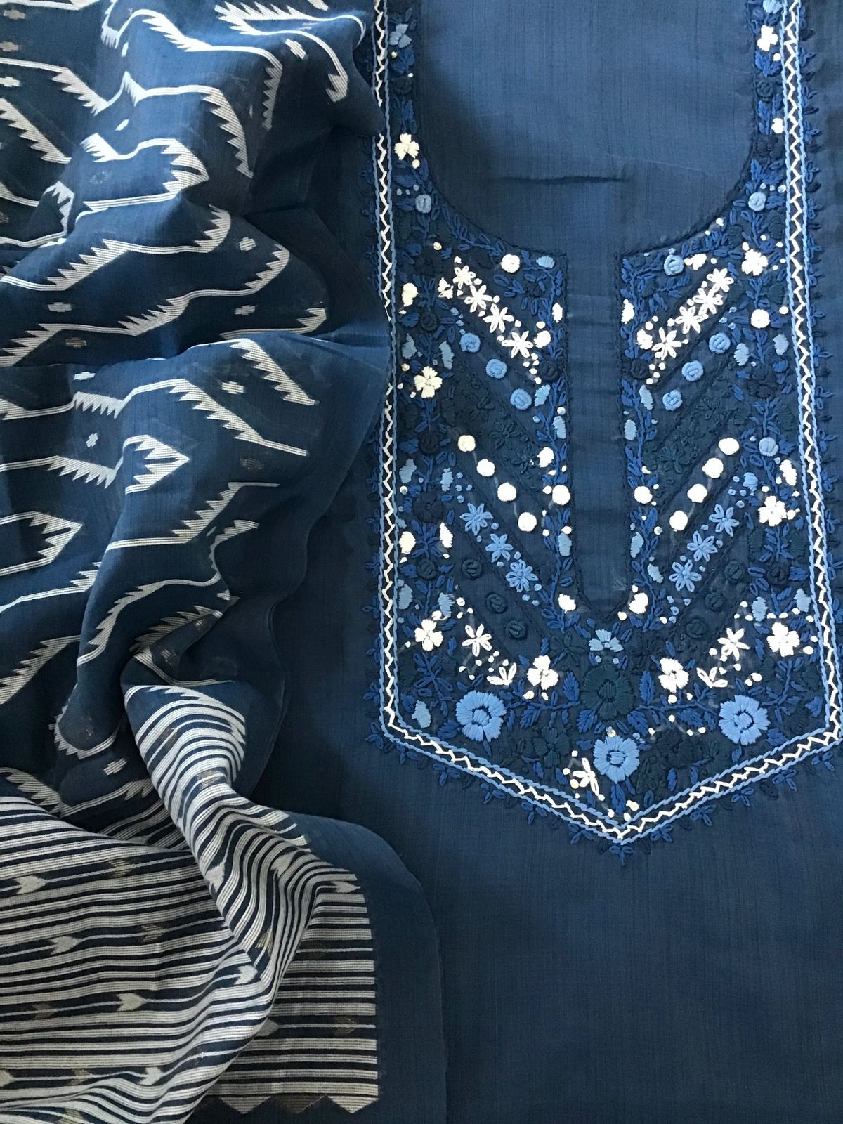 Soft Slub Chanderi Jamdani Weaved Embroidered Suit - Blue
