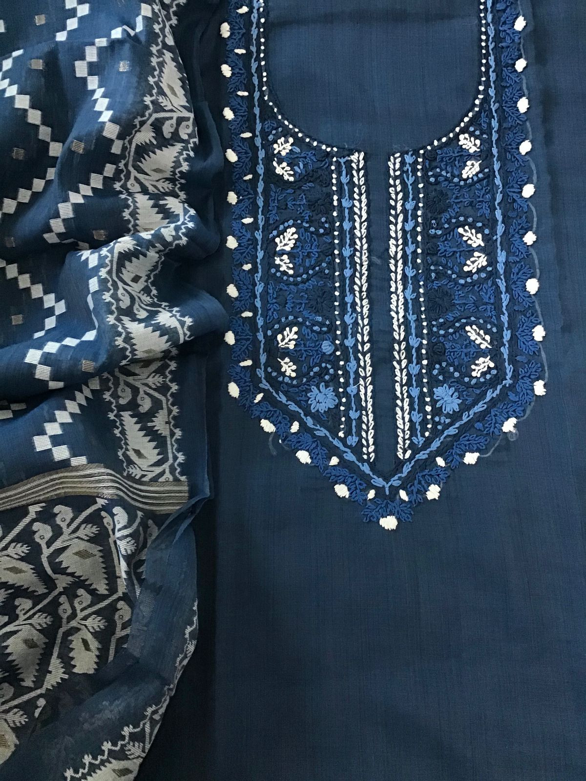 Soft Slub Chanderi Jamdani Weaved Embroidered Suit - Blue