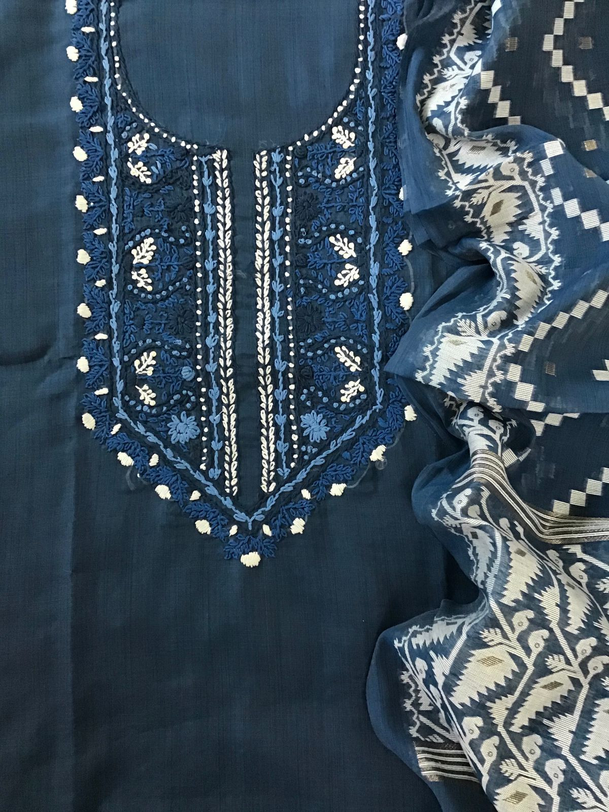 Soft Slub Chanderi Jamdani Weaved Embroidered Suit - Blue