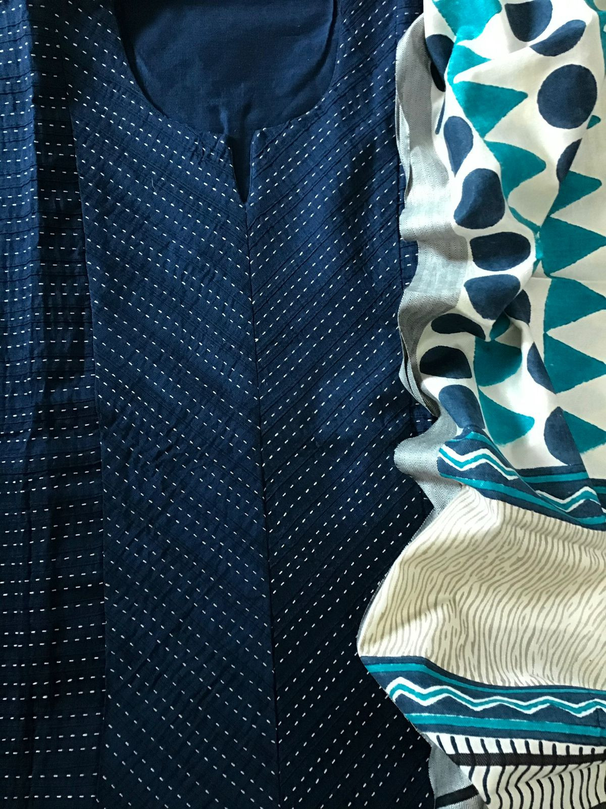 Pure Cotton Silk Pintucks Embroidered Printed Suit - Blue