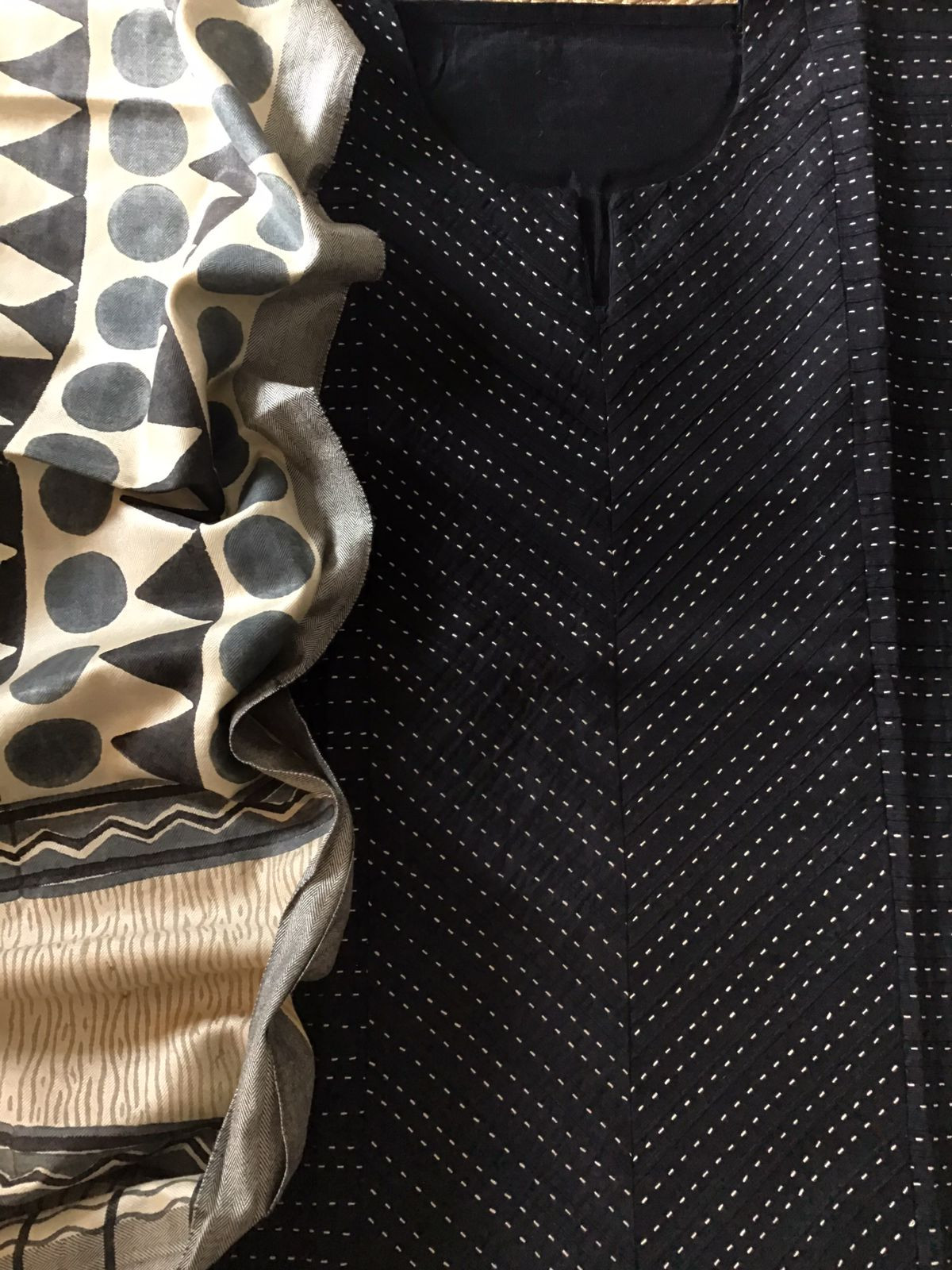 Pure Cotton Silk Pintucks Embroidered Printed Suit - Black