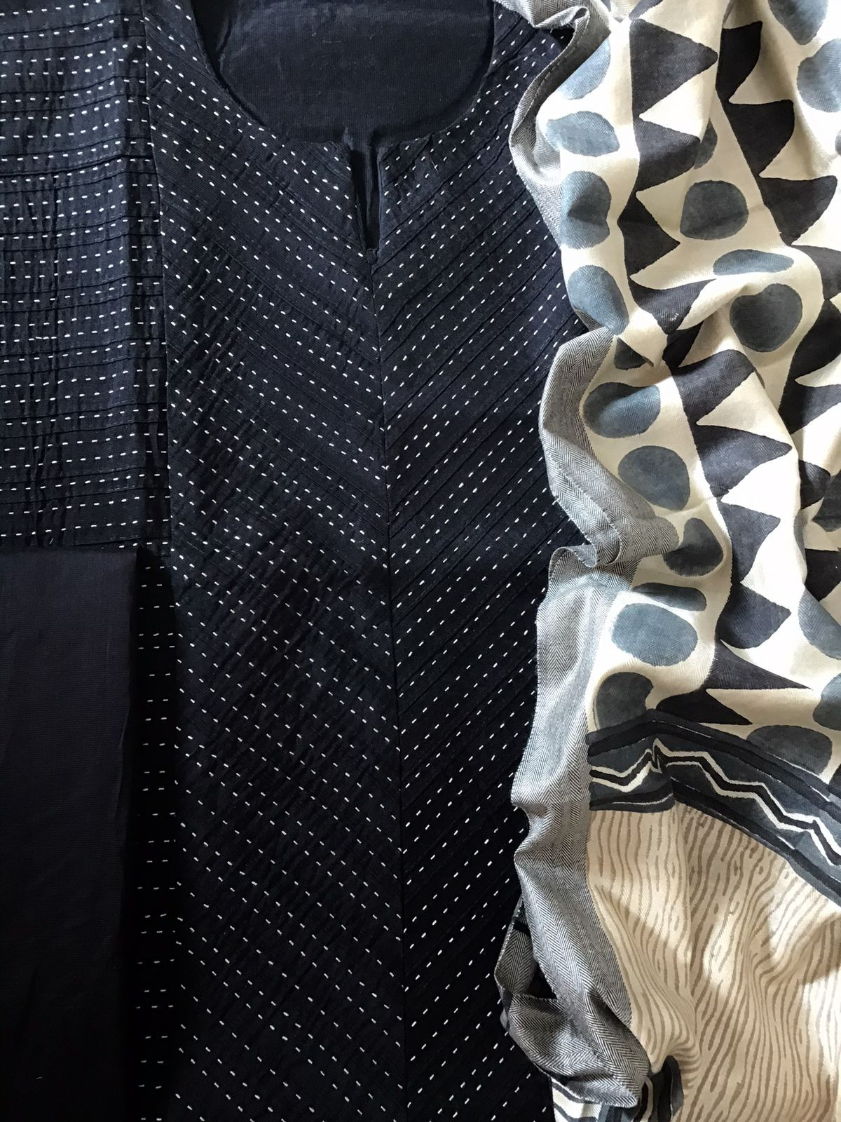 Pure Cotton Silk Pintucks Embroidered Printed Suit - Black