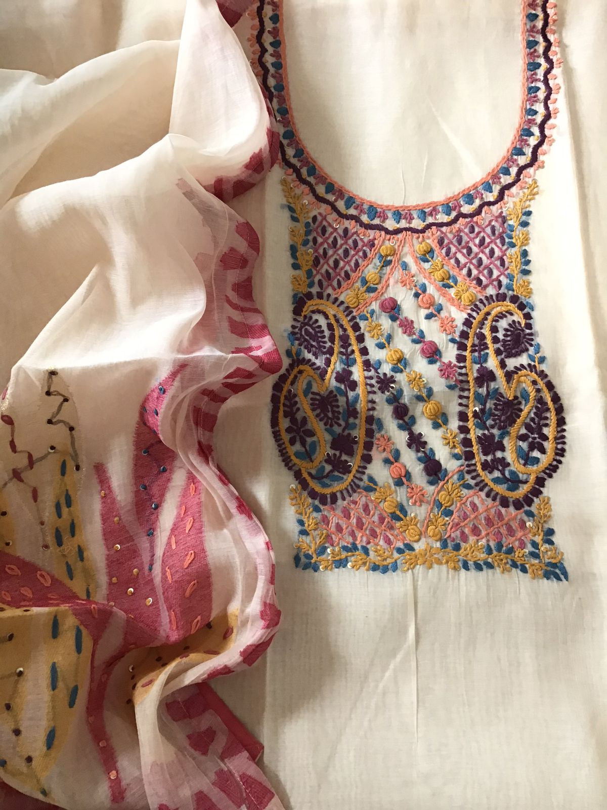 Soft Slub Chanderi Jamdani Weaved Embroidered Suit - Cream