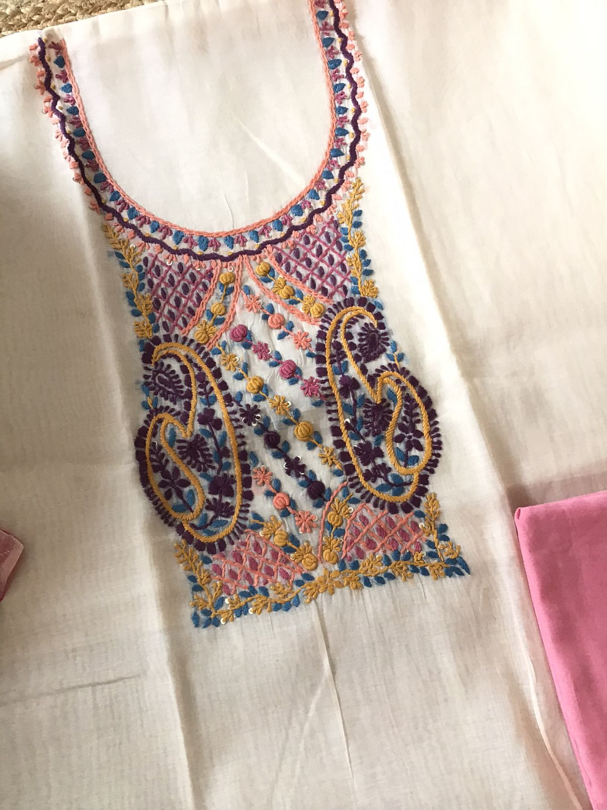 Soft Slub Chanderi Jamdani Weaved Embroidered Suit - Cream