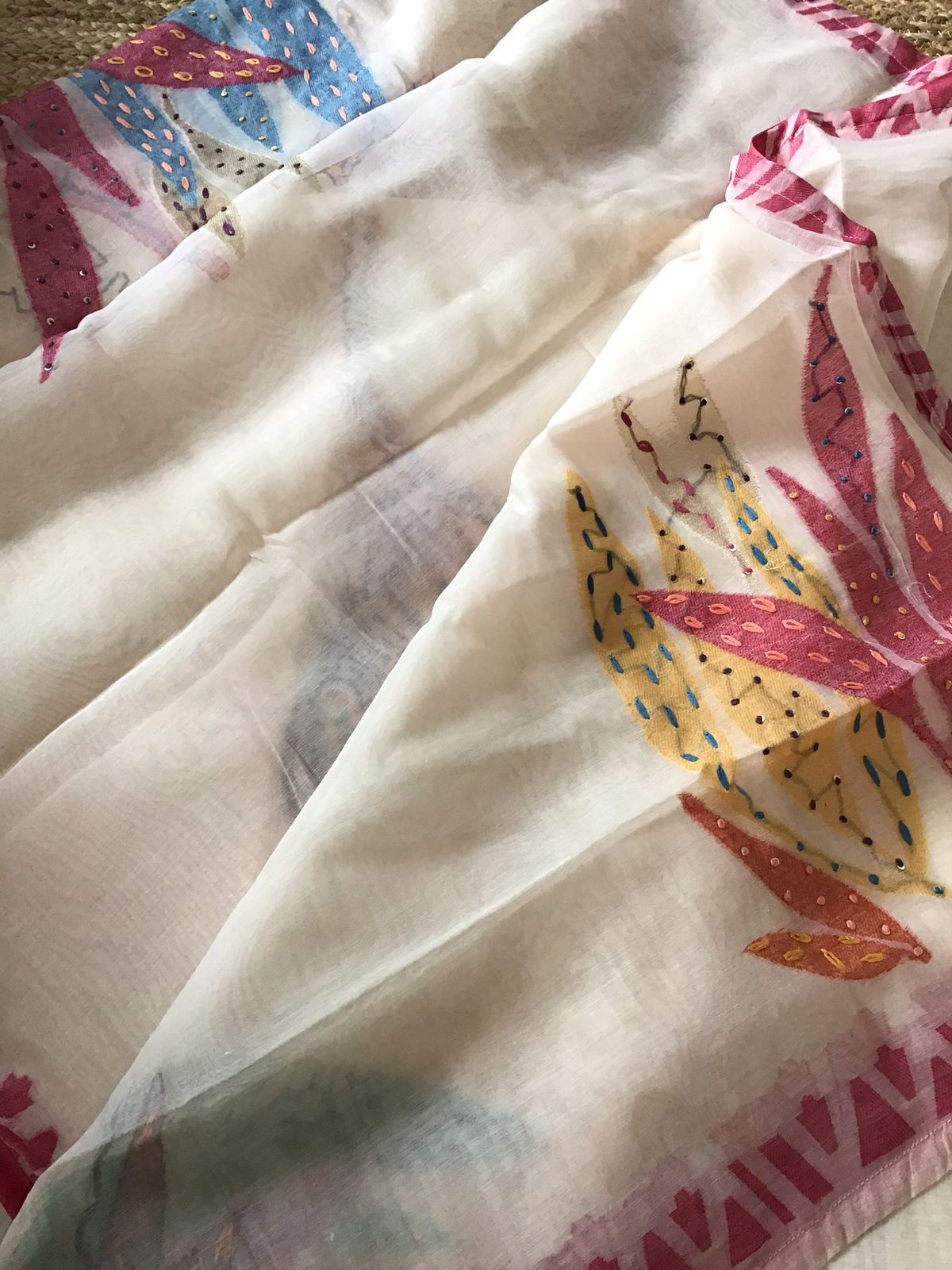 Soft Slub Chanderi Jamdani Weaved Embroidered Suit - Cream