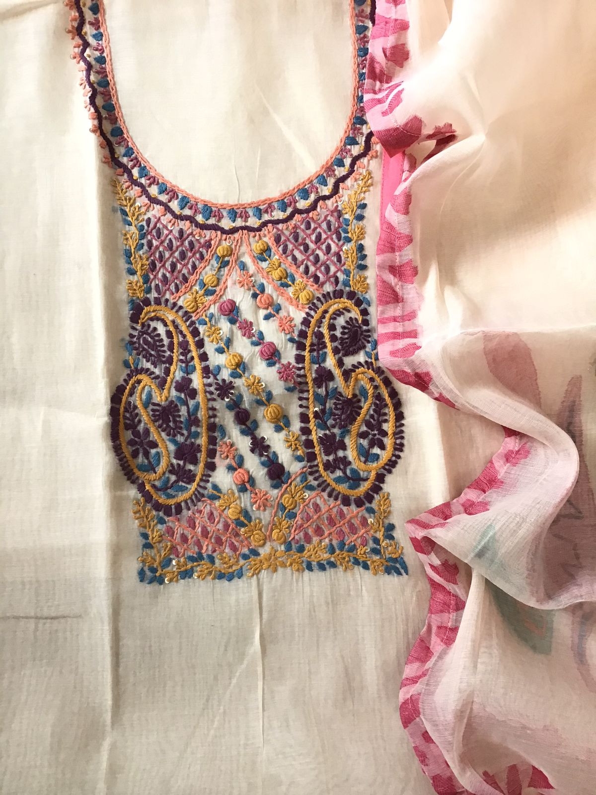 Soft Slub Chanderi Jamdani Weaved Embroidered Suit - Cream