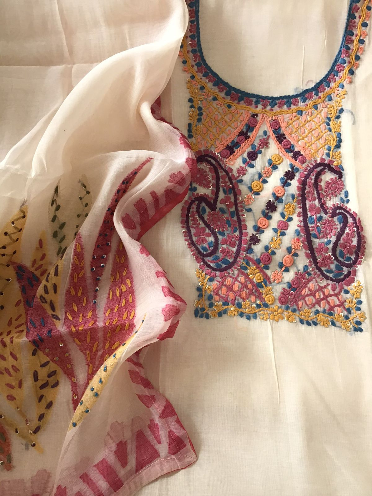 Soft Slub Chanderi Jamdani Weaved Embroidered Suit - Cream