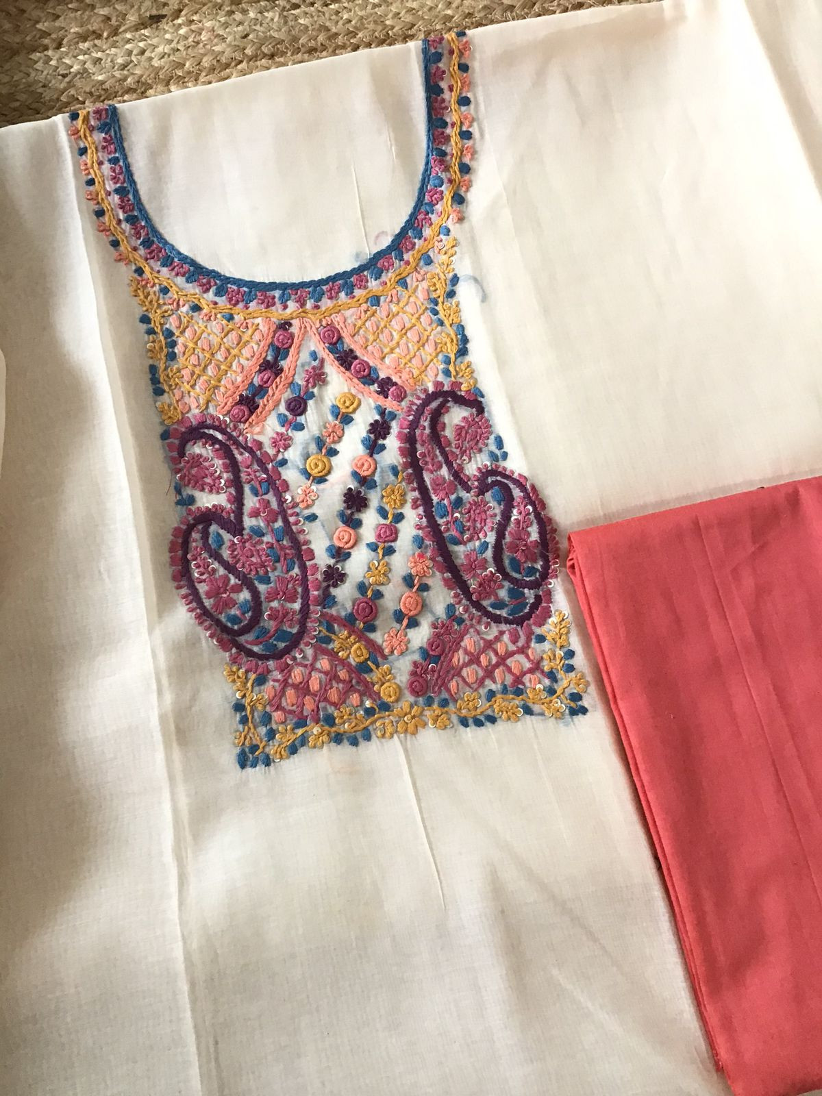 Soft Slub Chanderi Jamdani Weaved Embroidered Suit - Cream