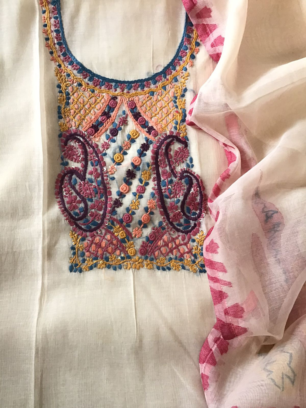 Soft Slub Chanderi Jamdani Weaved Embroidered Suit - Cream