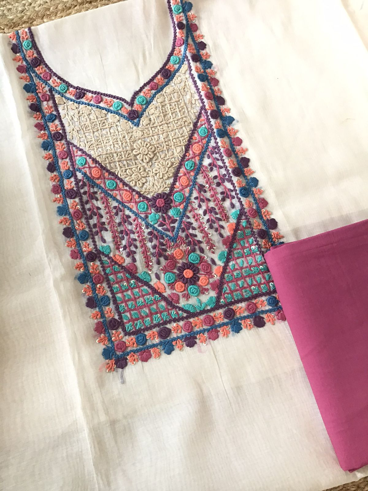 Soft Slub Chanderi Jamdani Weaved Embroidered Suit - Cream