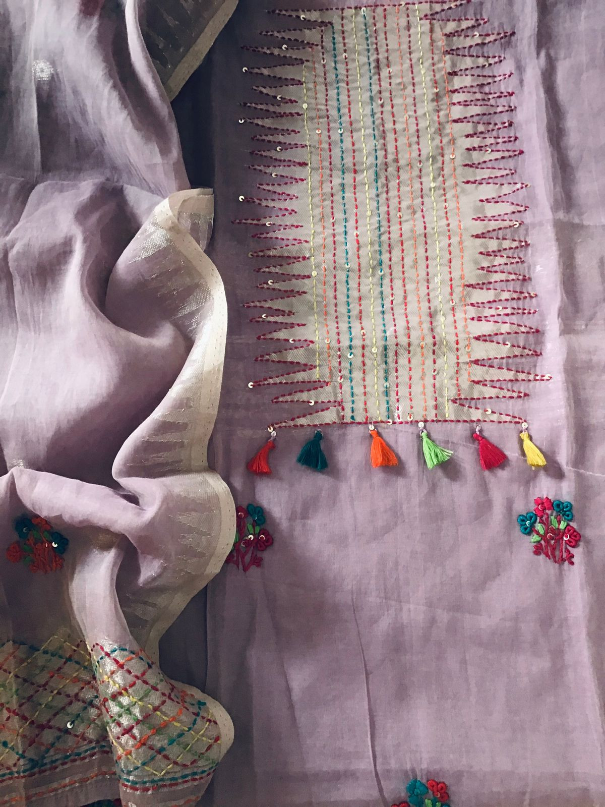 Soft Slub Chanderi Jamdani Weaved Embroidered Suit - Lavender