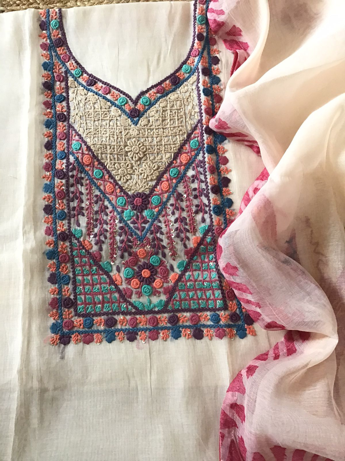 Soft Slub Chanderi Jamdani Weaved Embroidered Suit - Cream