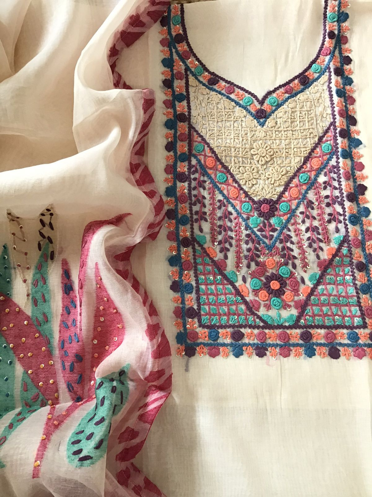 Soft Slub Chanderi Jamdani Weaved Embroidered Suit - Cream