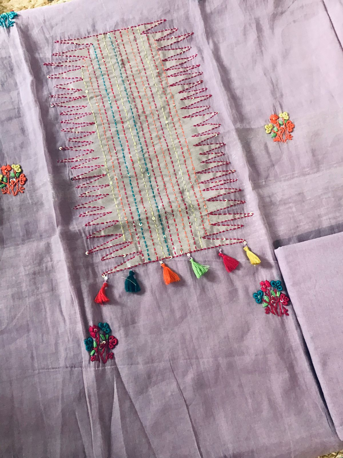 Soft Slub Chanderi Jamdani Weaved Embroidered Suit - Lavender