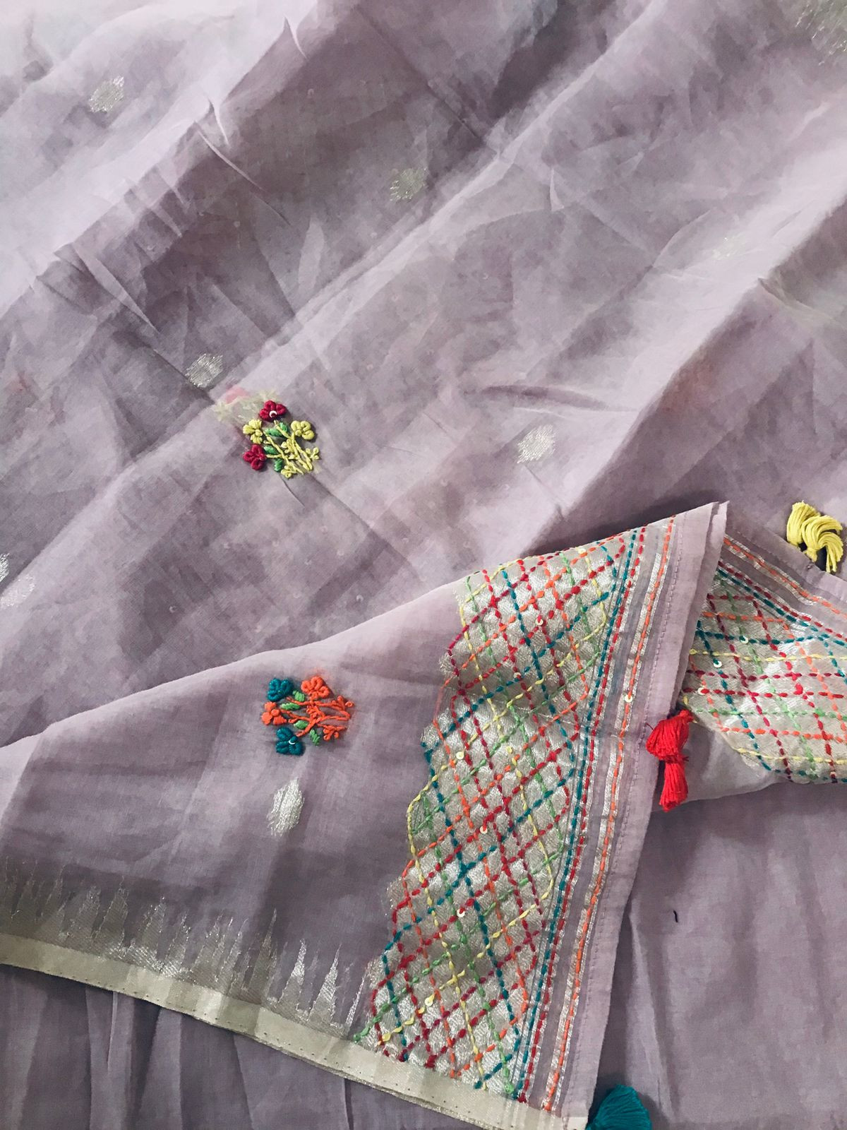 Soft Slub Chanderi Jamdani Weaved Embroidered Suit - Lavender