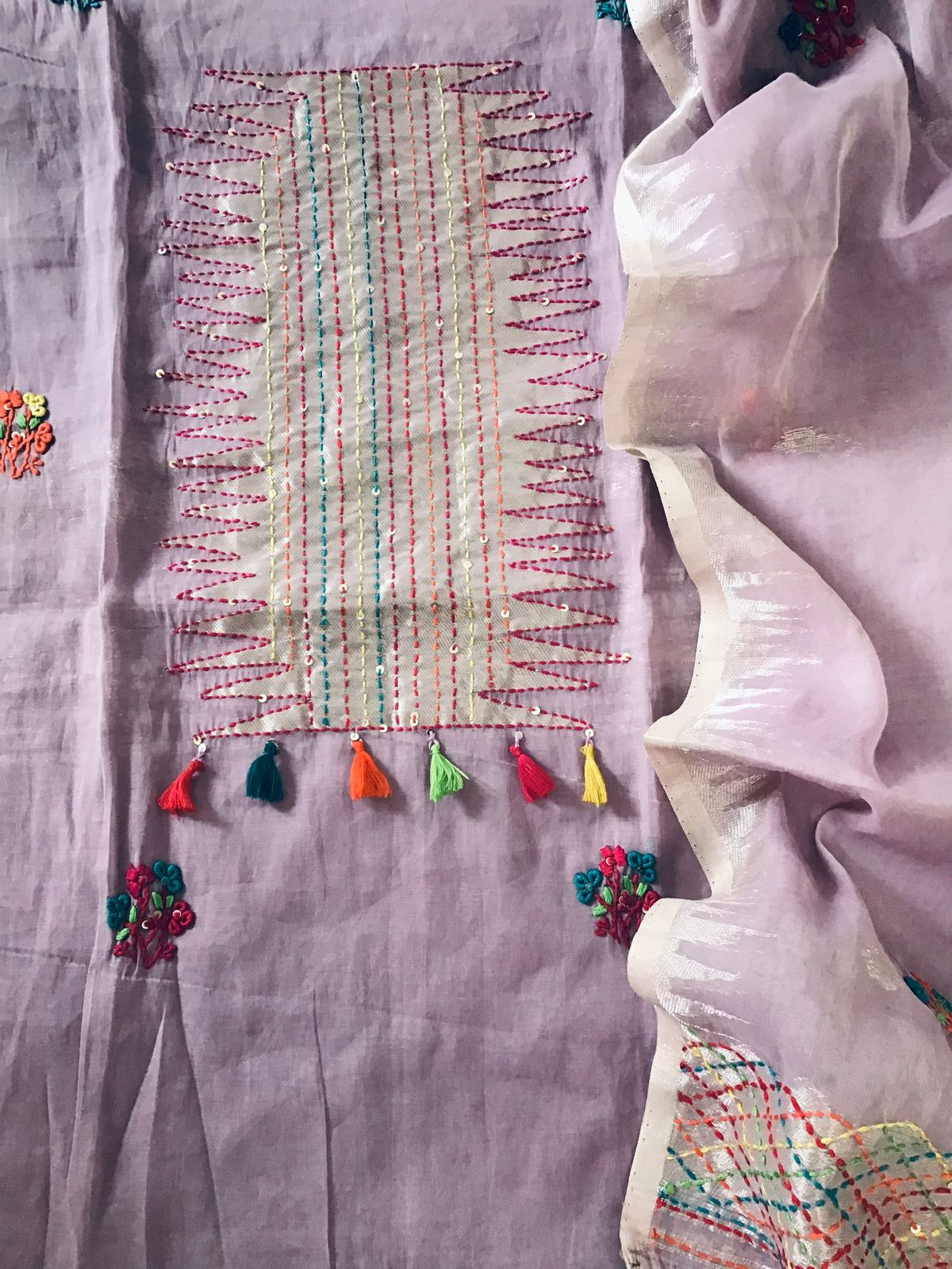 Soft Slub Chanderi Jamdani Weaved Embroidered Suit - Lavender