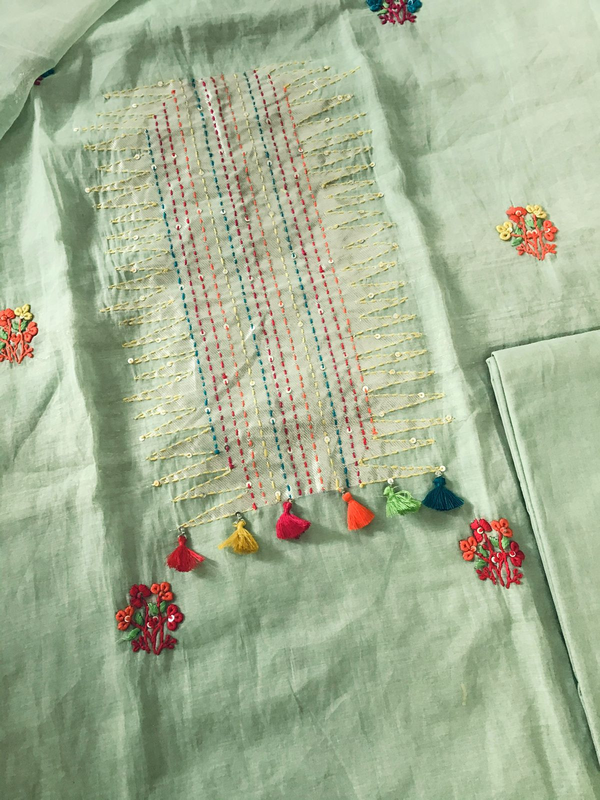 Soft Slub Chanderi Jamdani Weaved Embroidered Suit - Green