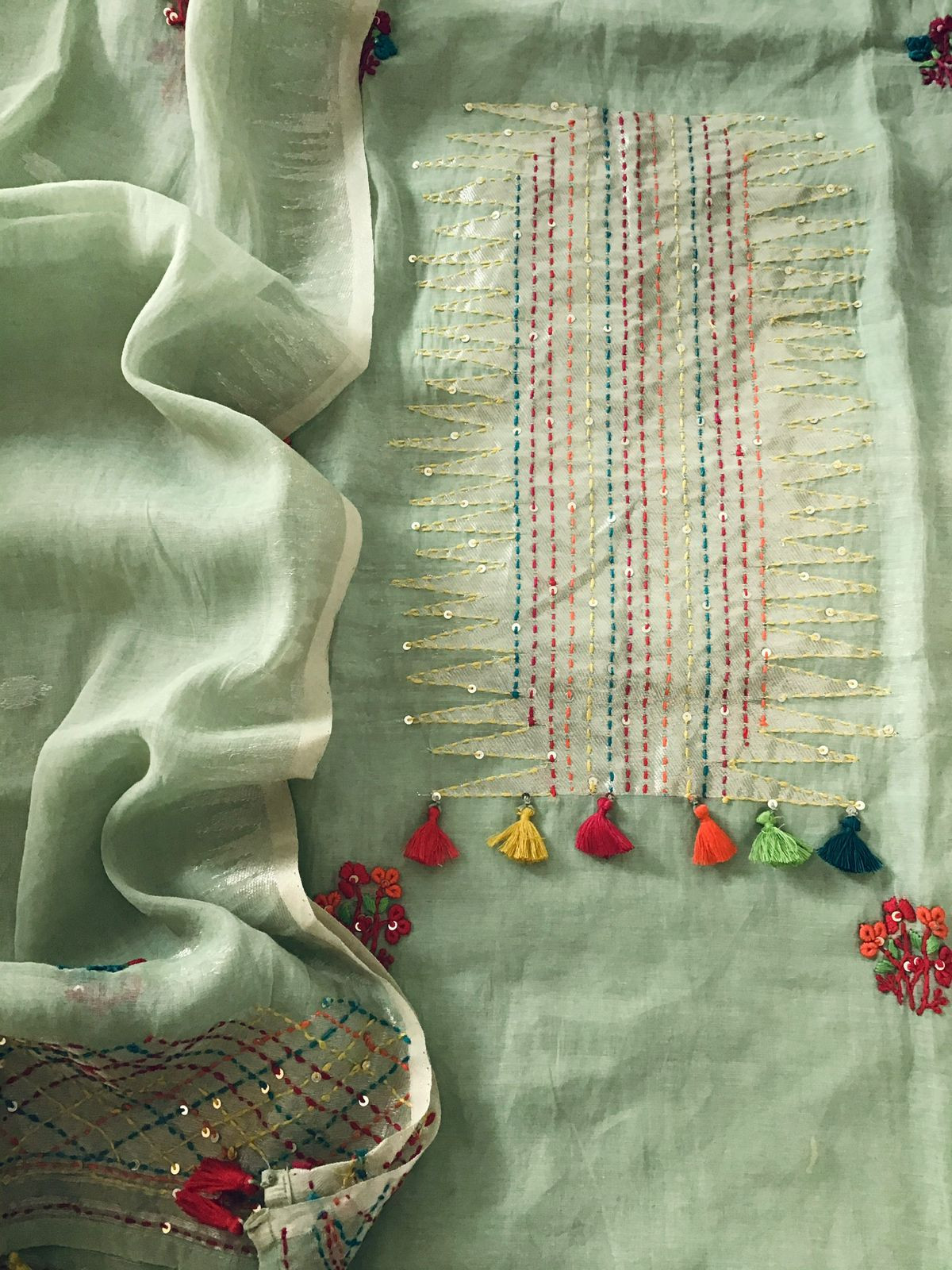 Soft Slub Chanderi Jamdani Weaved Embroidered Suit - Green