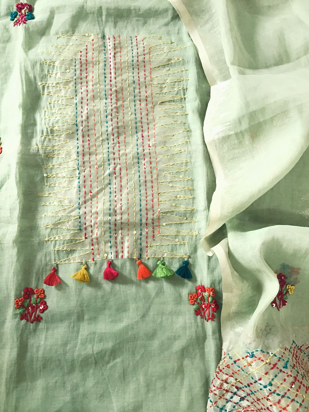 Soft Slub Chanderi Jamdani Weaved Embroidered Suit - Green