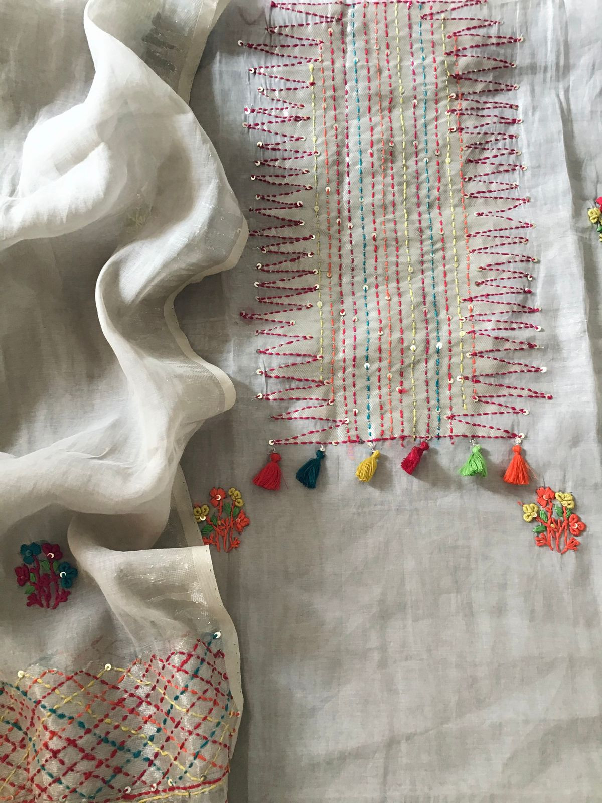 Soft Slub Chanderi Jamdani Weaved Embroidered Suit - Grey