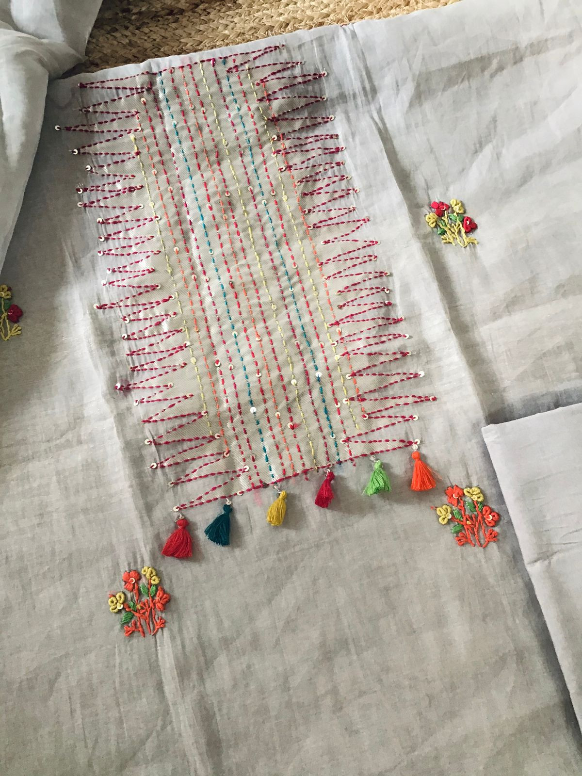 Soft Slub Chanderi Jamdani Weaved Embroidered Suit - Grey