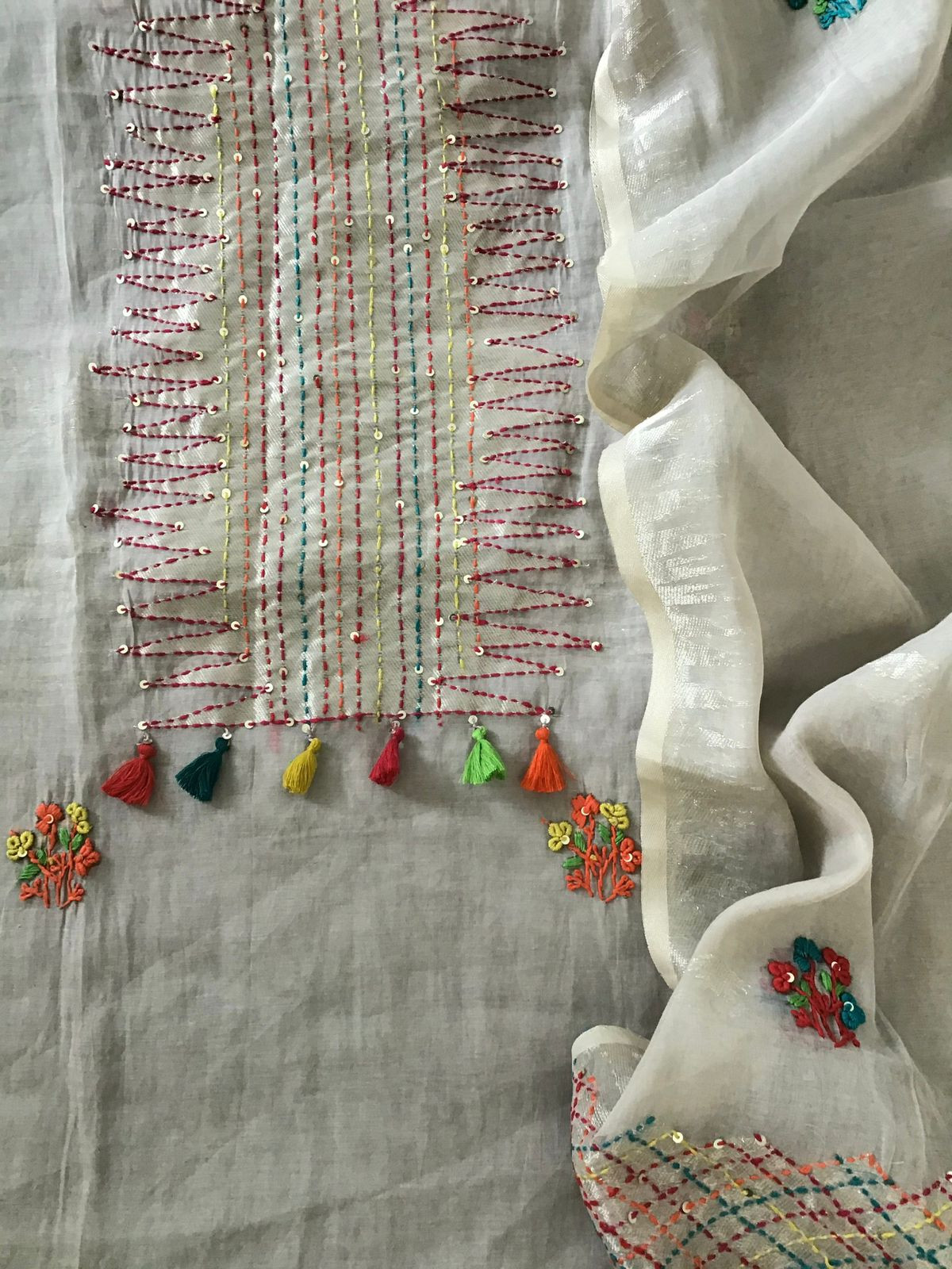 Soft Slub Chanderi Jamdani Weaved Embroidered Suit - Grey