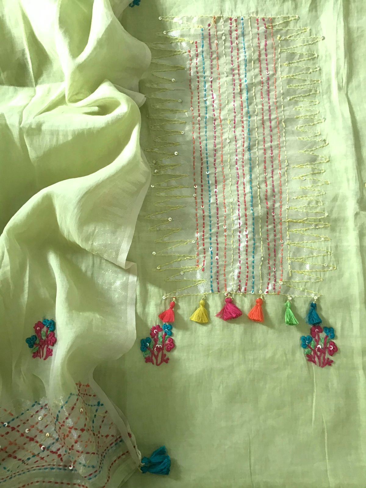 Soft Slub Chanderi Jamdani Weaved Embroidered Suit - Green