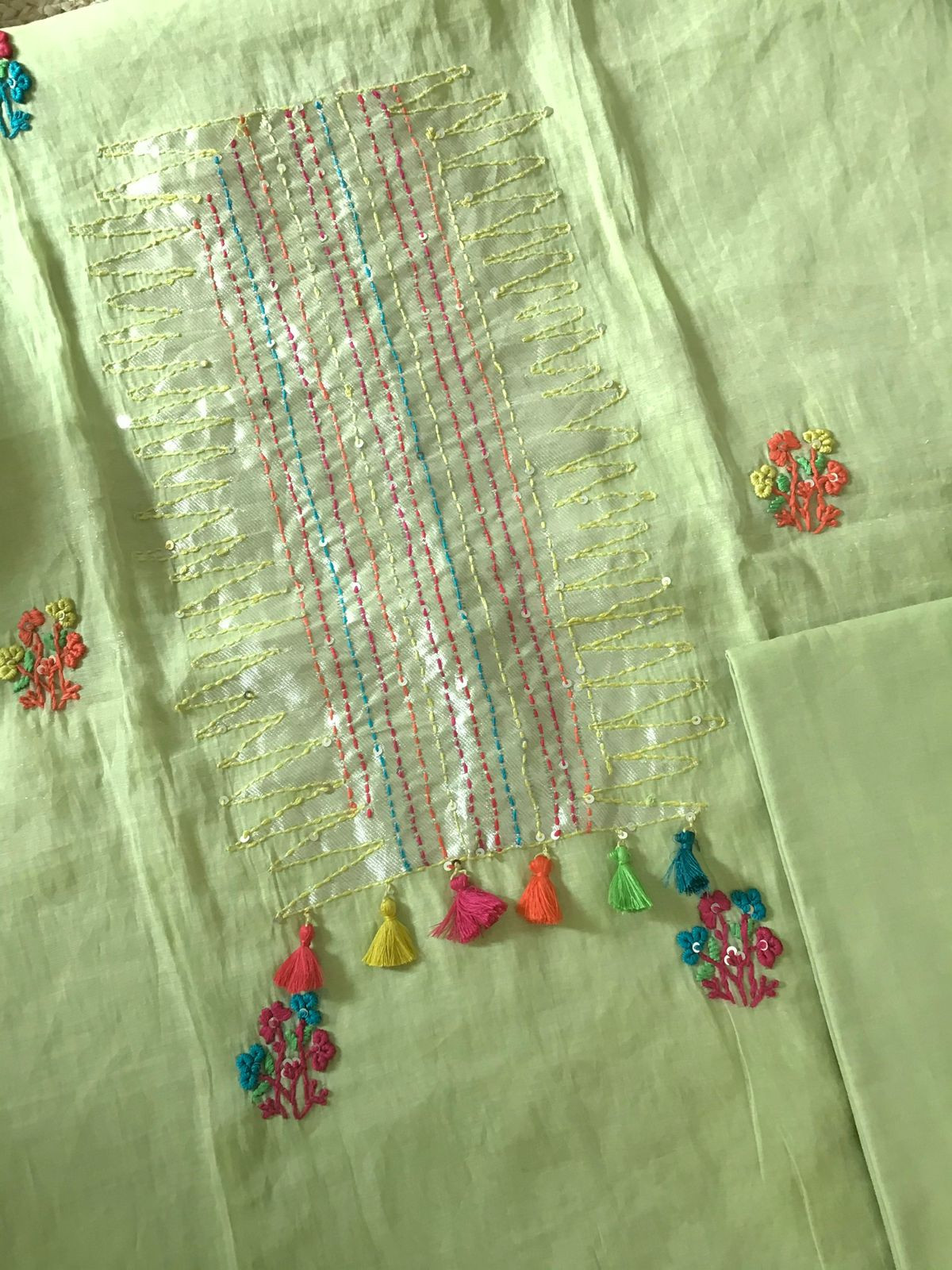 Soft Slub Chanderi Jamdani Weaved Embroidered Suit - Green