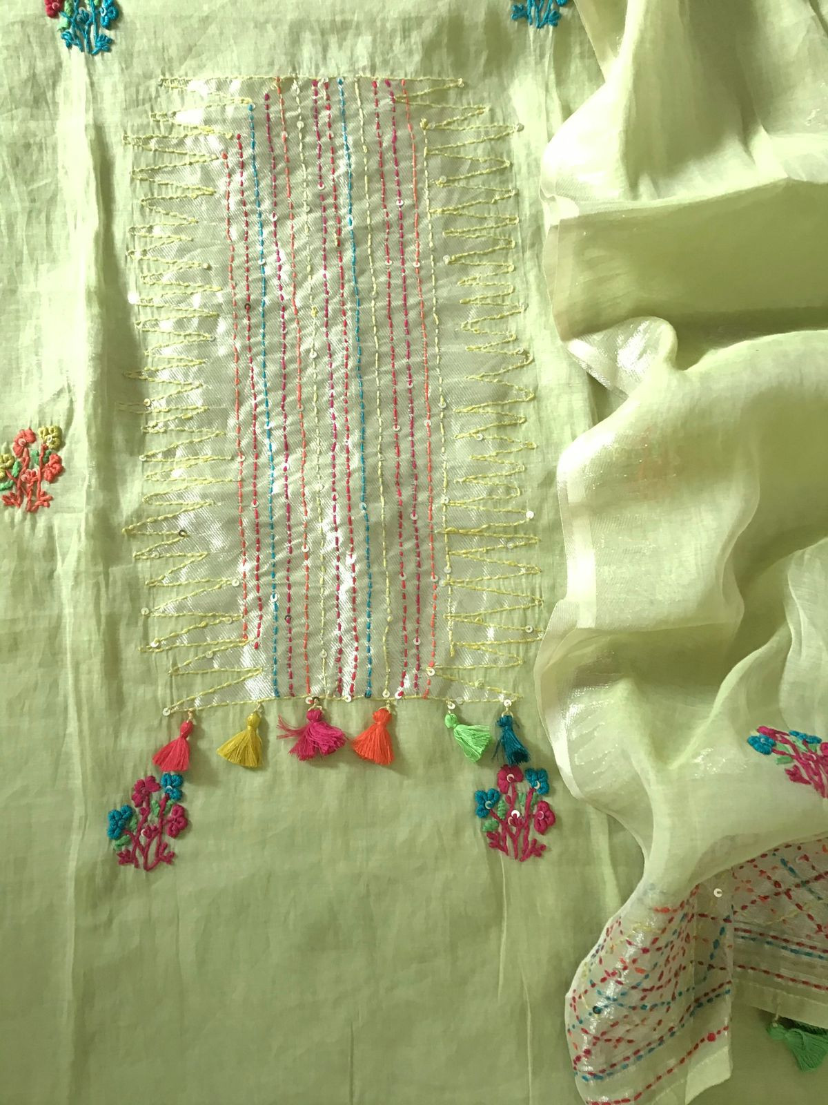 Soft Slub Chanderi Jamdani Weaved Embroidered Suit - Green