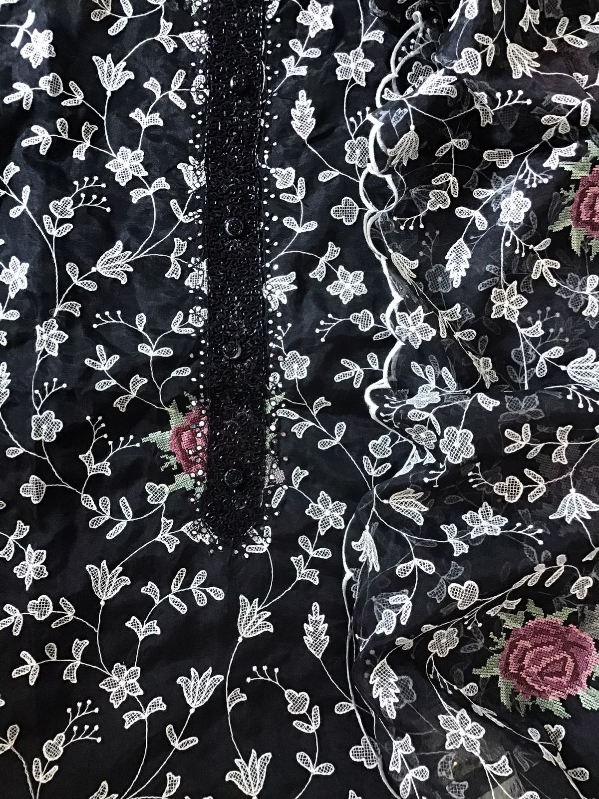 Soft Organza Embroidered Suit - Black
