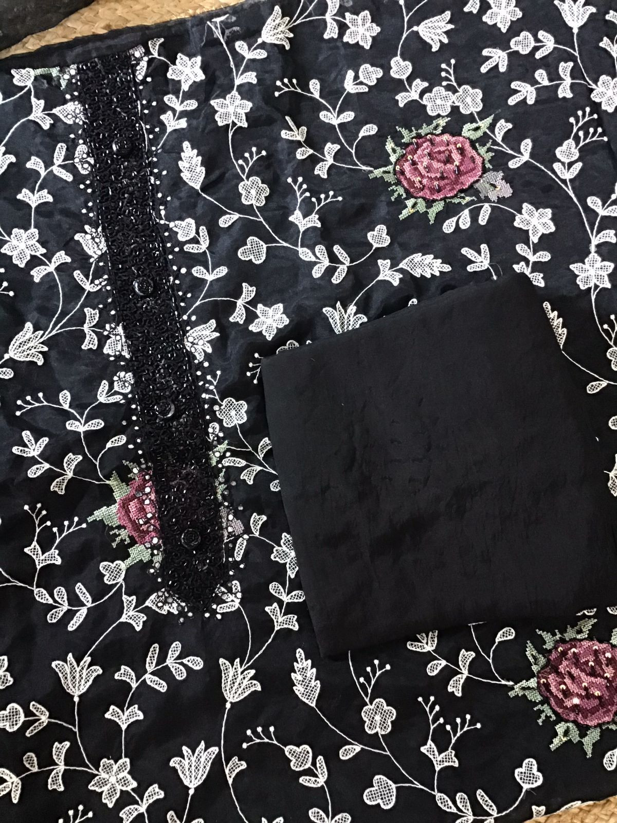 Soft Organza Embroidered Suit - Black