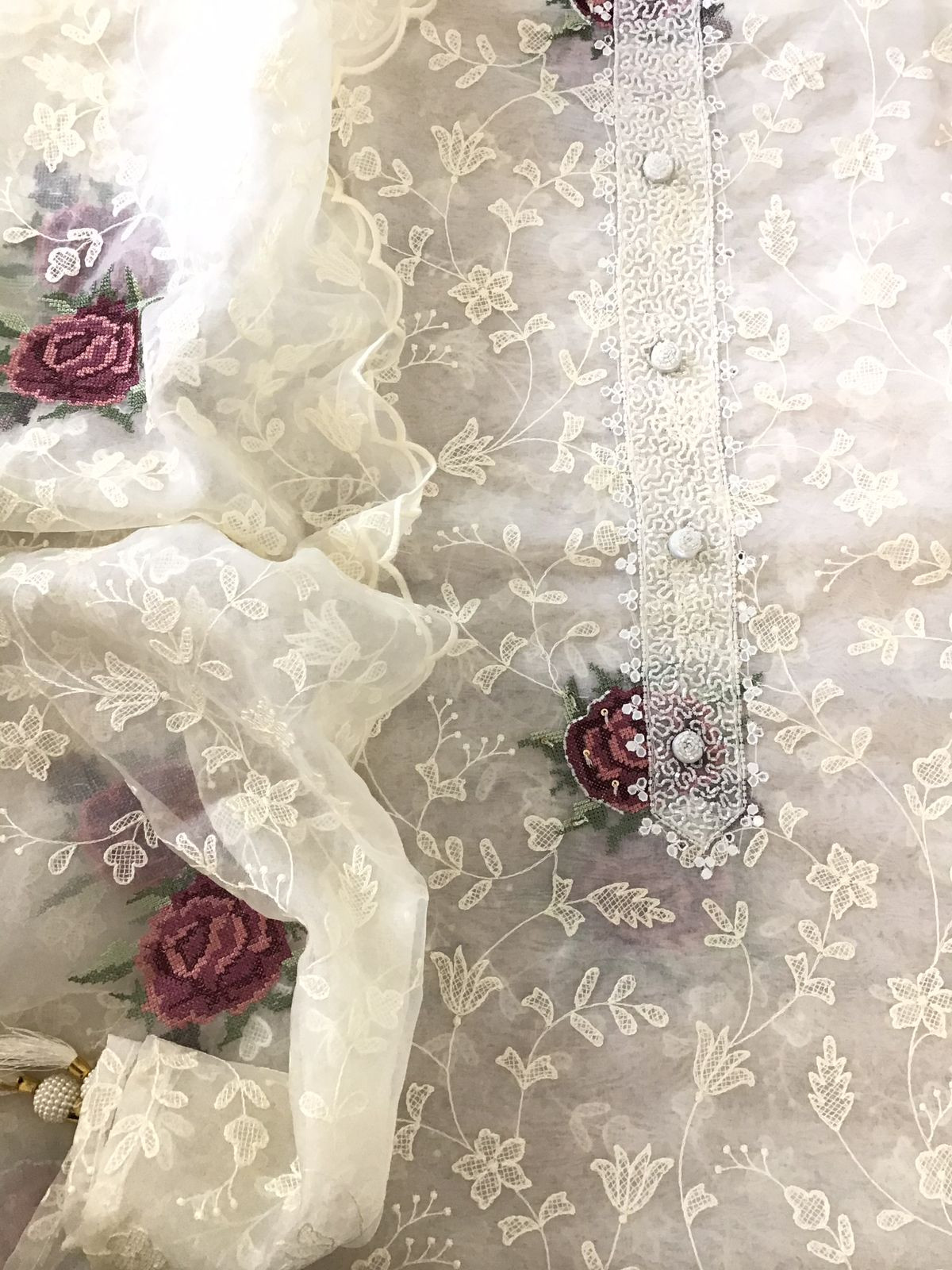 Soft Organza Embroidered Suit - Offwhite