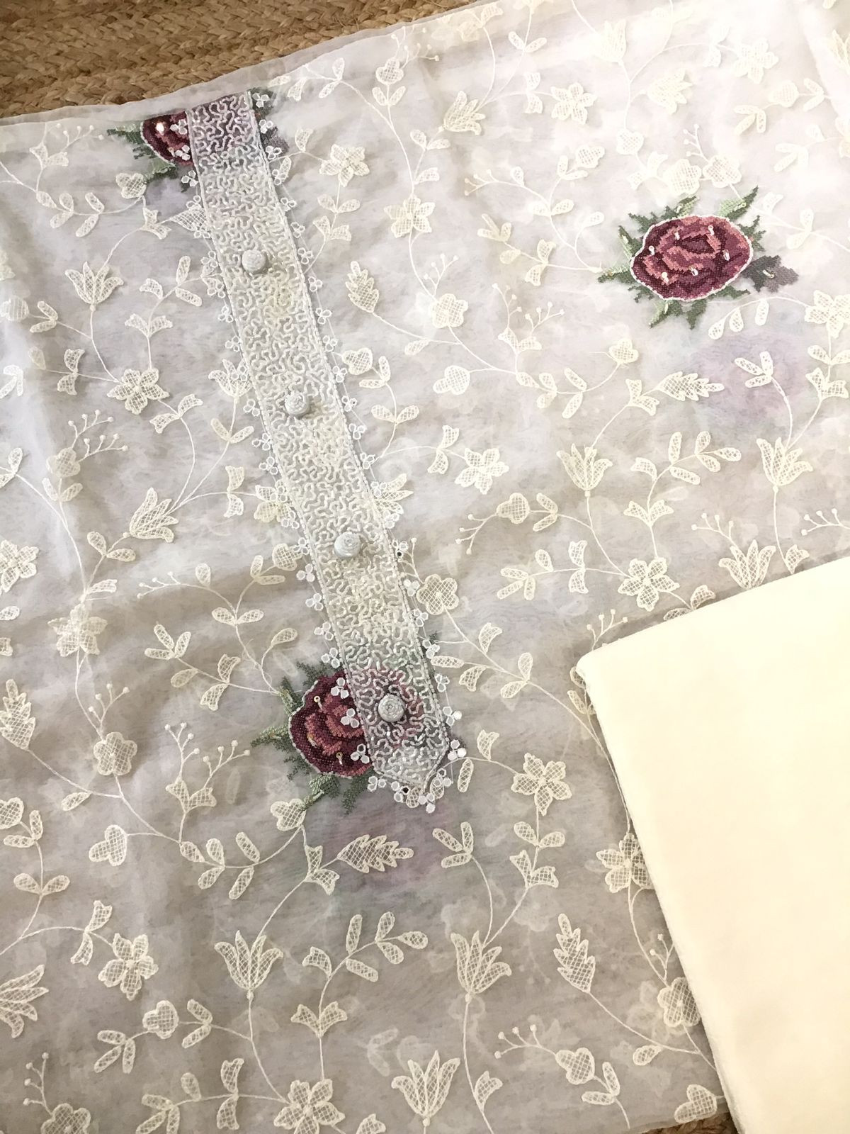 Soft Organza Embroidered Suit - Offwhite