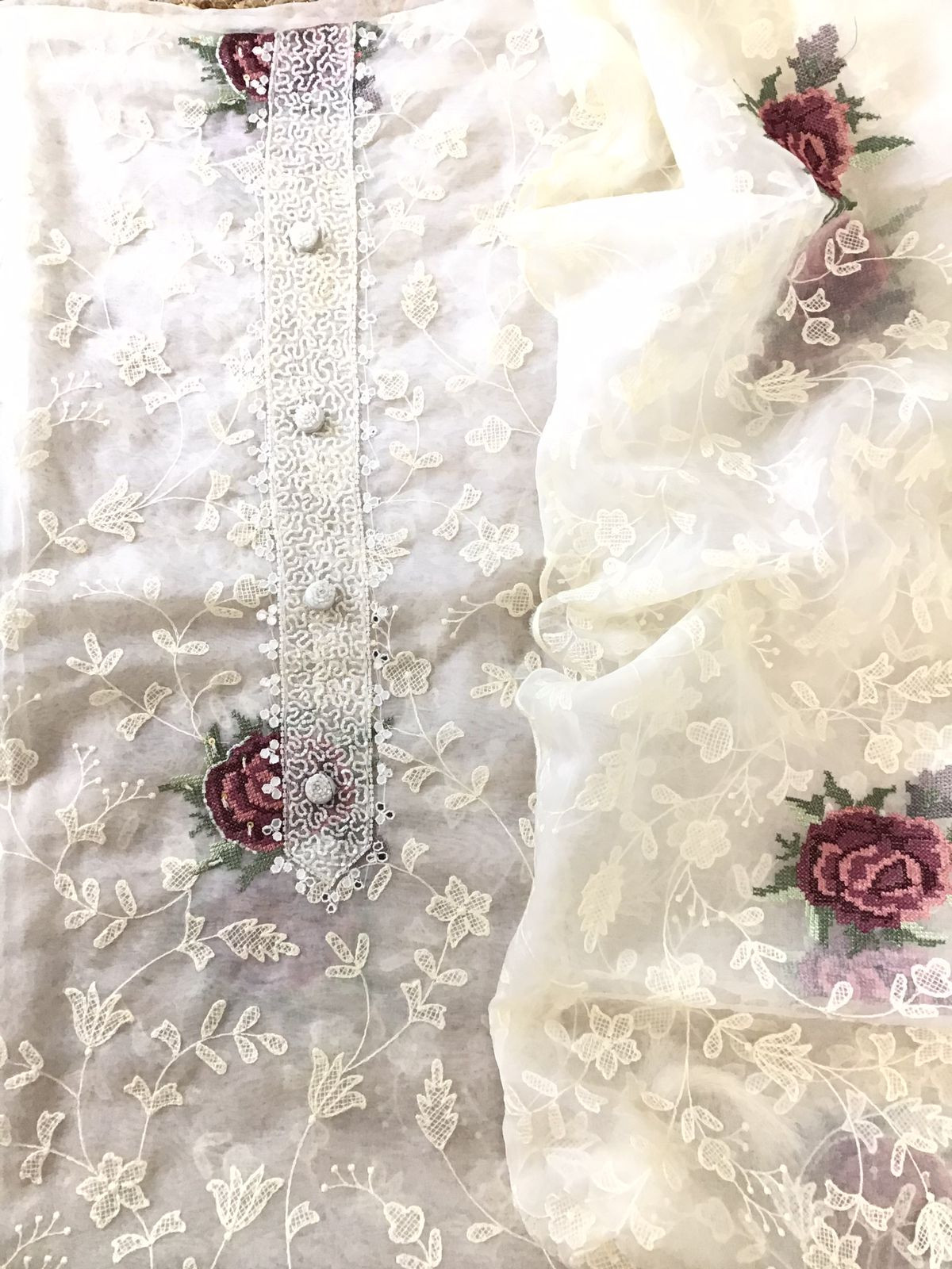 Soft Organza Embroidered Suit - Offwhite