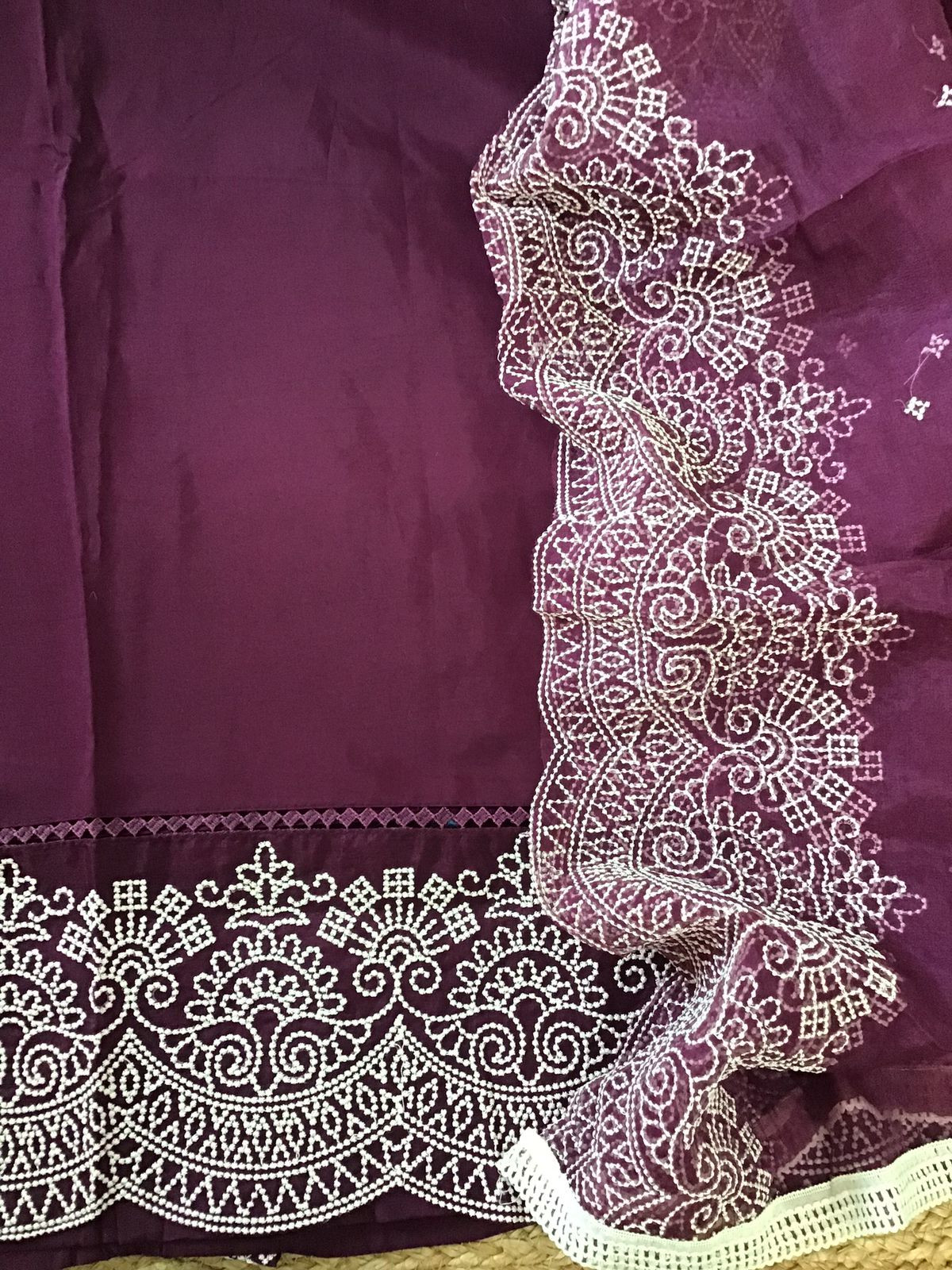 Soft Muslin Silk Embroidered Suit - WINE