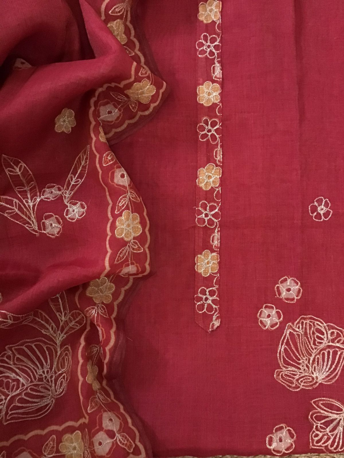 Soft Tissue Slub Cotton Printed Embroidered Suit - Red