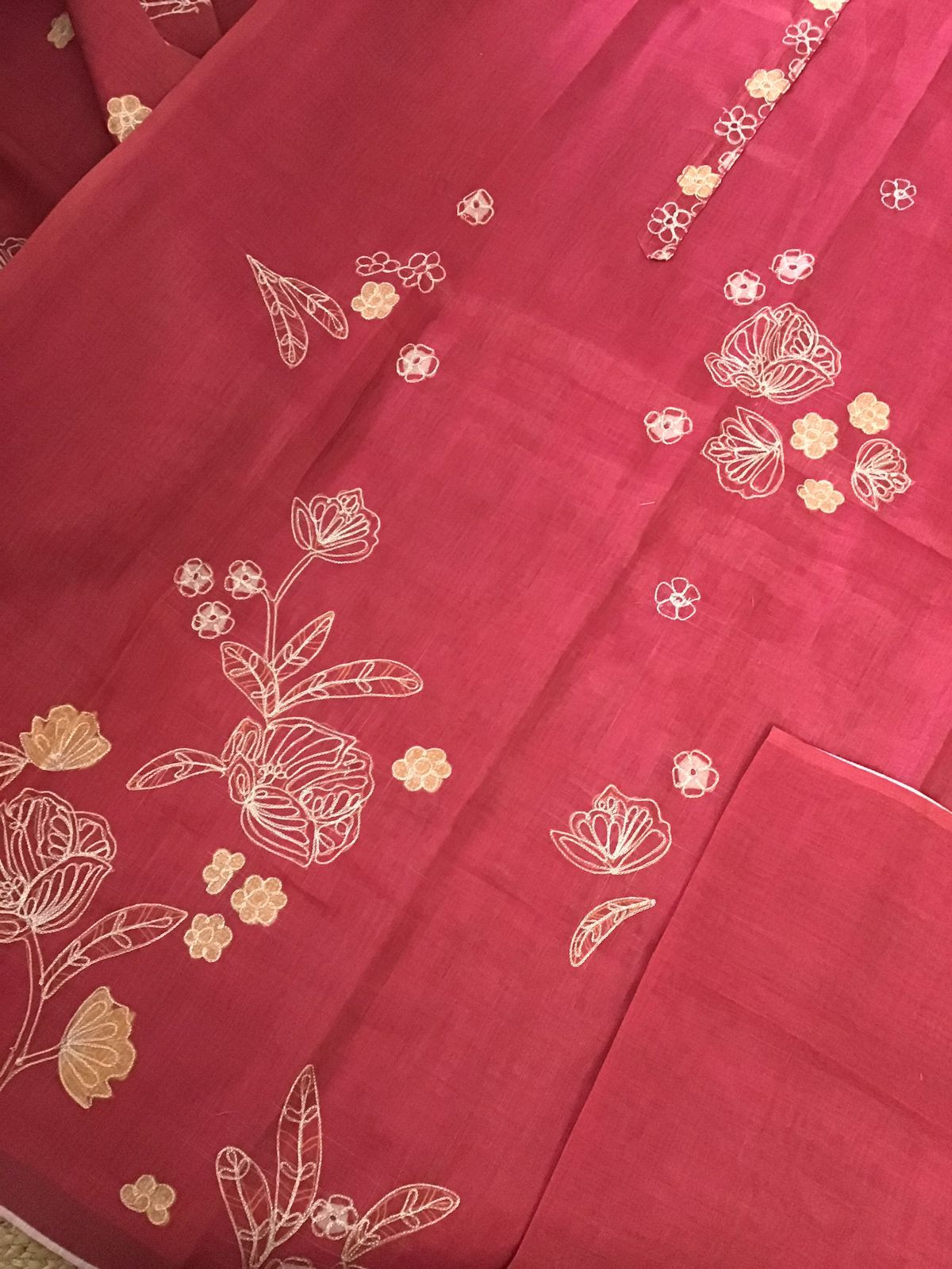 Soft Tissue Slub Cotton Printed Embroidered Suit - Red