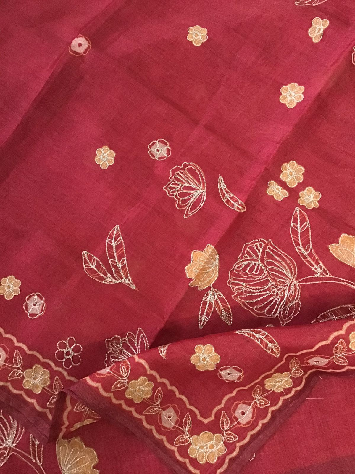 Soft Tissue Slub Cotton Printed Embroidered Suit - Red