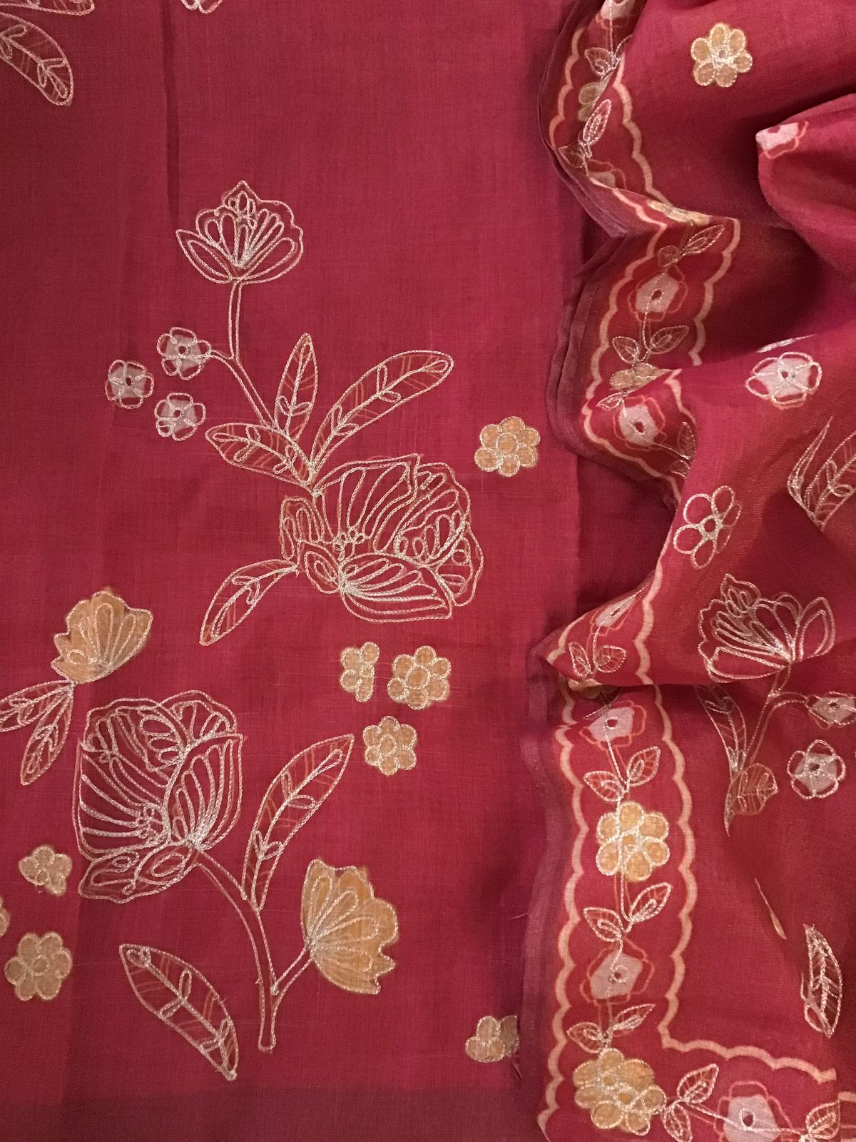 Soft Tissue Slub Cotton Printed Embroidered Suit - Red