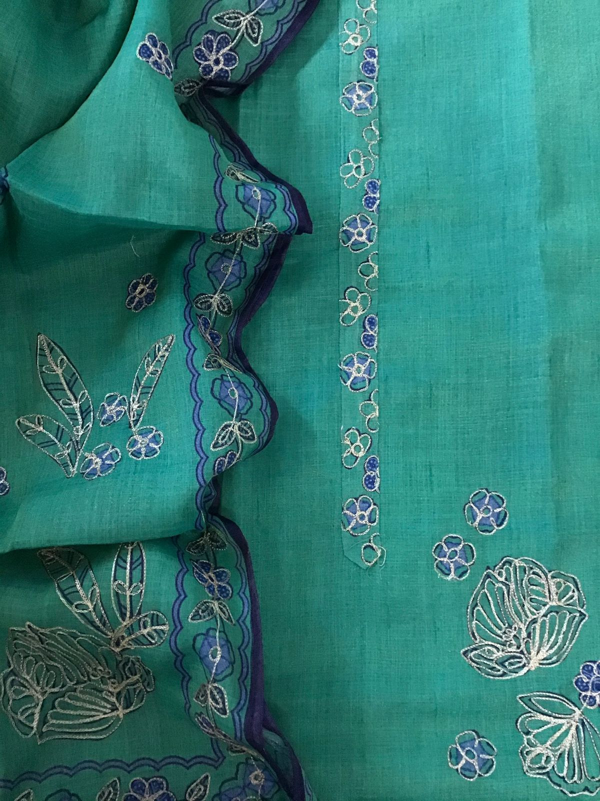 Soft Tissue Slub Cotton Printed Embroidered Suit - Green