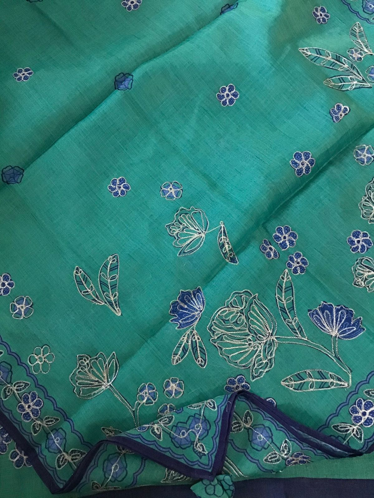 Soft Tissue Slub Cotton Printed Embroidered Suit - Green