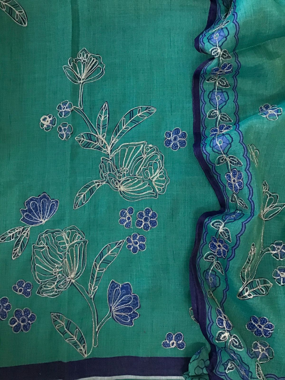 Soft Tissue Slub Cotton Printed Embroidered Suit - Green